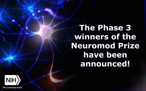 Image of neuron firing electrical signals. Text reads: The Phase 3 winners of the Neuromod Prize have been announced! NIH Common Fund logo is shown.
