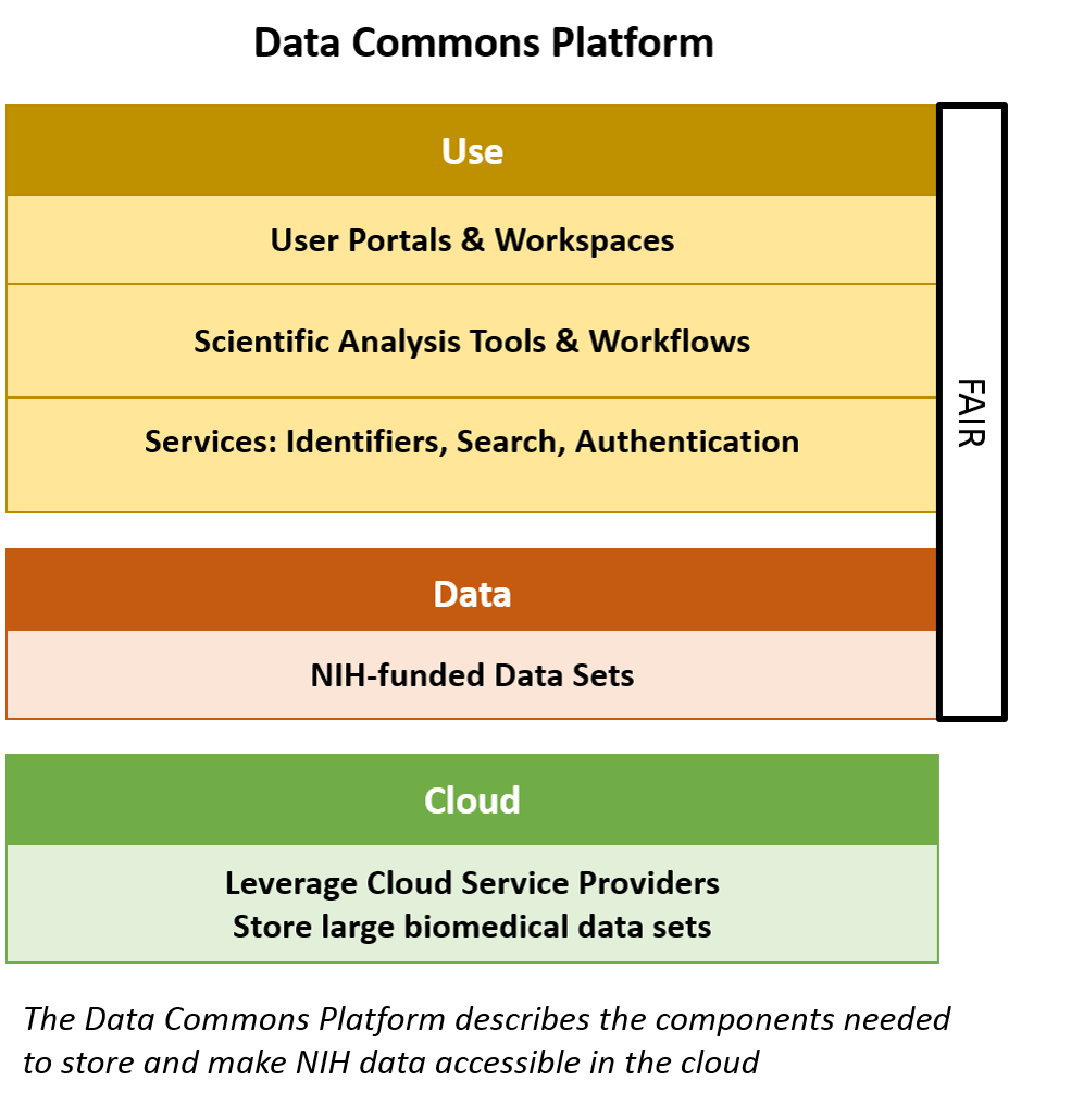 Schematic of Data commons Platform with NIH-funded datasets and the tools/services necessary to make them Findable, Accessible, Interoperable, and Reusable or FAIR; all resting on top of a cloud-based infrastructure