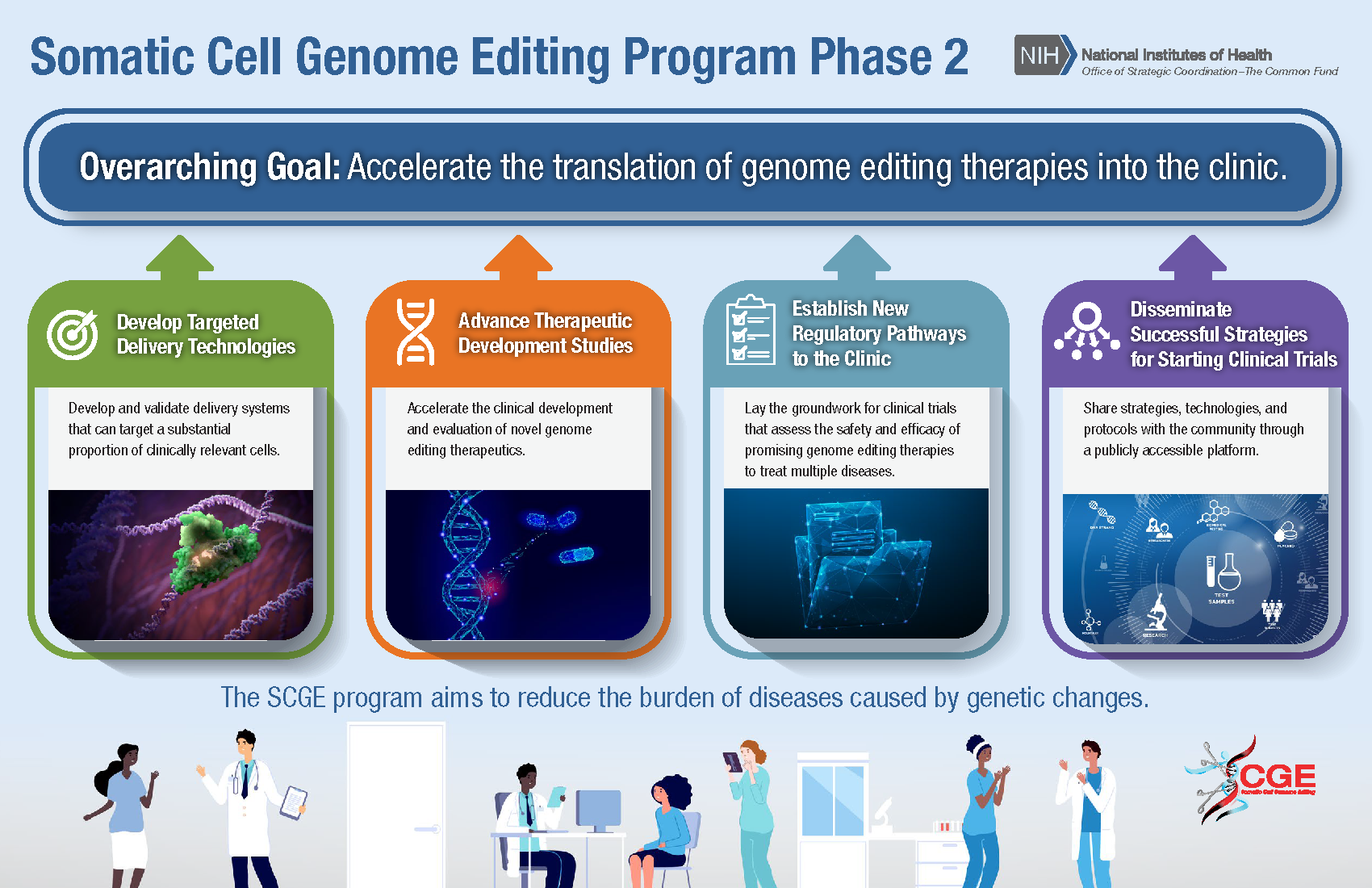 alt="Image: Flow chart of SCGE program goals and objectives. Text: Somatic Cell Genome Editing Program Phase 2. Develop targeted Delivery Technologies: develop and validate delivery systems that can target a substantial proportion of clinically relevant cells. Advance therapeutic development studies: accelerate the clinical development and evaluation of novel genome"