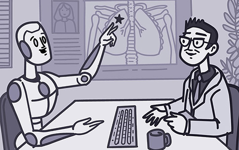  Illustration of a robot and a docor analyzing a medical image together..