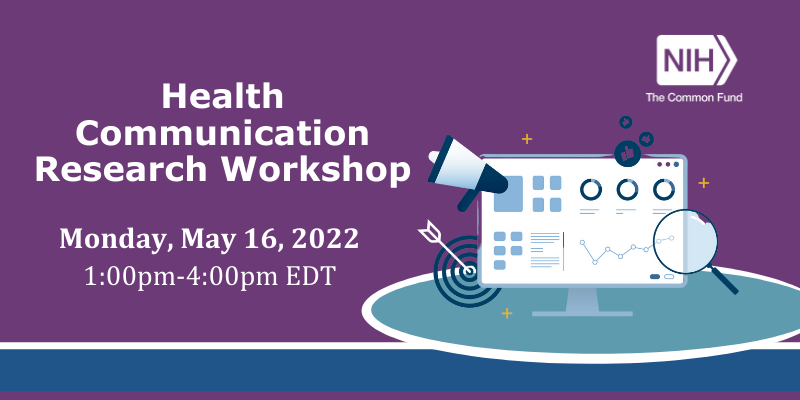 Image shows a computer with data, a bullseye, a megaphone and a magnifying glass. Text says "Health Communication Research Workshop. Monday, May 16, 2022. 1:00 - 4:00 pm EDT