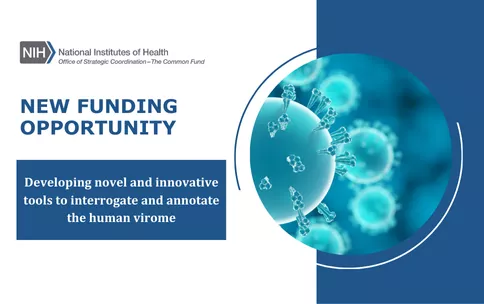 Image of fluorescent blue viruses floating in blue liquid. NIH Common Fund logo in the top left corner. Text reads new funding opportunity. Developing novel and innovative tools to interrogate and annotate the human virome