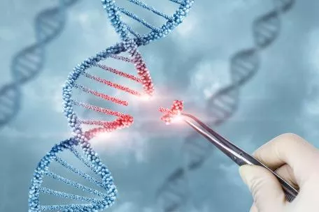 A gloved hand uses a surgical tool to remove a red piece of DNA from a blue strand of DNA, respresenting gene editing