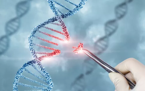 a gloved hand uses a surgical tool to replace a piece of DNA within the DNA strand
