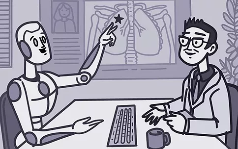 Illustration of a robot and a docor analyzing a medical image together..