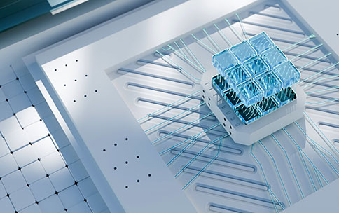A computer chip that combines thin translucent blue fibers connects to a higher layer gel-like grid