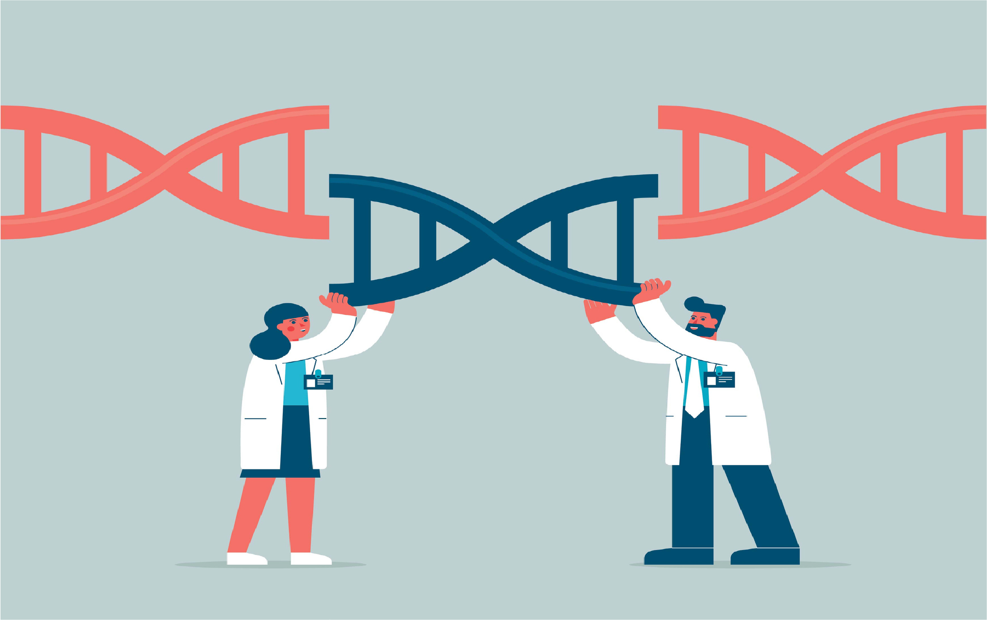 A scientist on the left and scientist on the right hold up a piece of blue DNA that is being pushed up into a longer strand of orange DNA