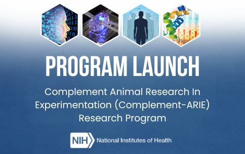 image text: Program Launch. Complement Animal Research In Experimentation (Complement-ARIE) Research Program. Image of the NIH logo is shown.