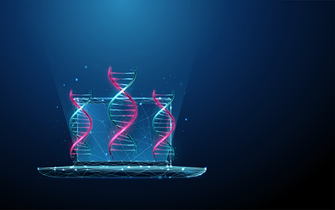An image with strands of DNA emerging from a laptop