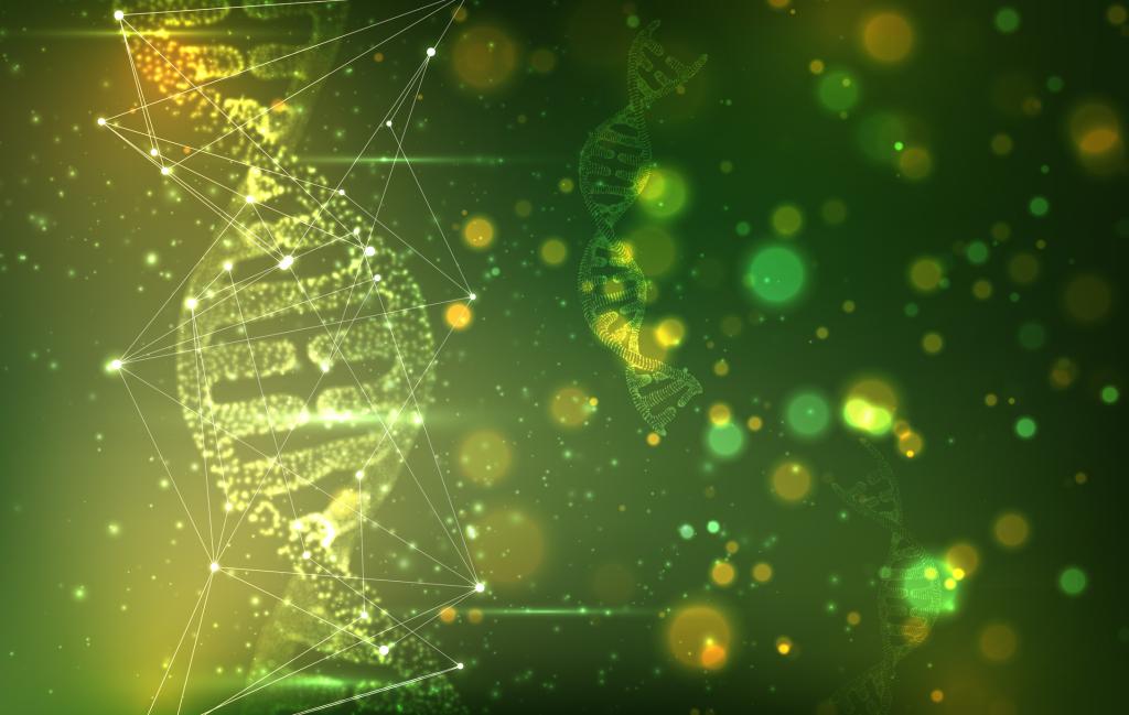 Drawing of helices ofDNA on green background 