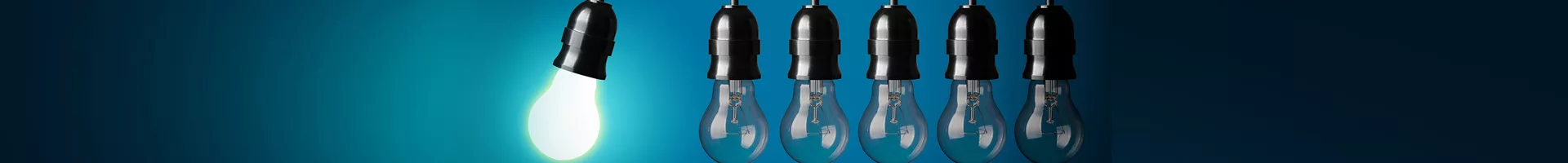 String of light bulbs, one is lit.