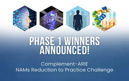 Text reads "Phase 1 winners announced! Complement-ARIE NAMs Reduction to Practice Challenge." Shows 4 graphics that represent NAMs
