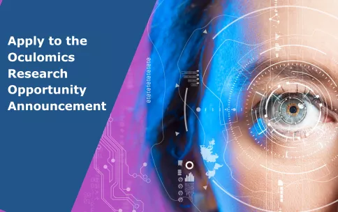 Image shows a woman's eye with a digital overlay representing eye measurements. Text reads "Apply to the Oculomics Research Opportunity Announcement"