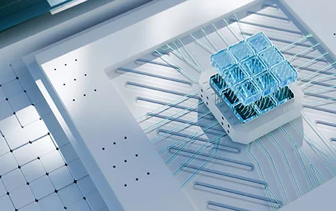 A computer chip that combines thin translucent blue fibers connects to a higher layer gel-like grid