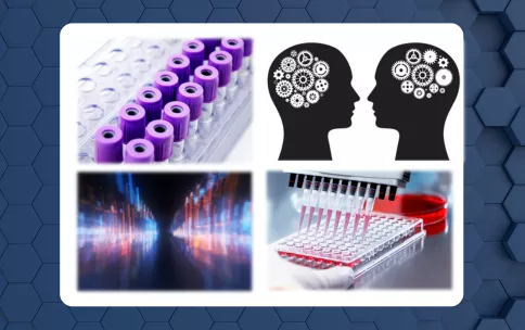 four images representing replication is shown. clinical blood tubes, psychological studies, data generation, and lab work. 
