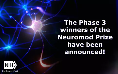Image of neuron firing electrical signals. Text reads: The Phase 3 winners of the Neuromod Prize have been announced! NIH Common Fund logo is shown.