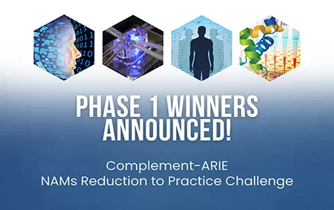 Text reads "Phase 1 winners announced! Complement-ARIE NAMs Reduction to Practice Challenge." Shows 4 graphics that represent NAMs