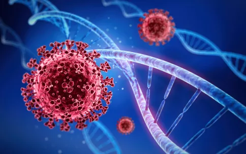 A red virus particle next to strings of DNA double helix with a blue background