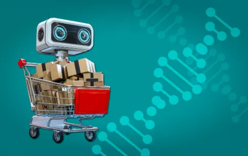 A robot in a shopping cart filled with boxes. 
