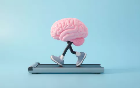 A cartoon brain wearing tennis shoes walking on a treadmill.