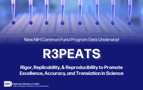 Banner image with a photo of multiple pipettes dispensing blue liquid into a lab plate, overlaid with text: 'New NIH Common Fund Program Gets Underway! R3PEATS — Rigor, Replicability, & Reproducibility to Promote Excellence, Accuracy, and Translation in Science.' NIH logo shown in bottom left corner.