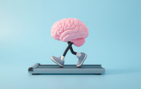 A cartoon brain wearing tennis shoes walking on a treadmill.