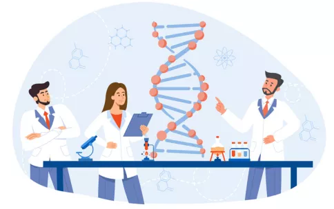 Three cartoon scientists looking at DNA in a lab